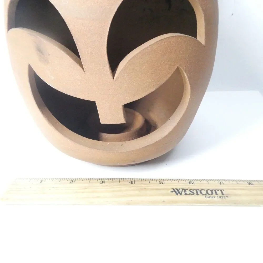 Terra Cotta Pumpkin Jack O Lantern Candle Holder Signed Clay Pottery Handmade